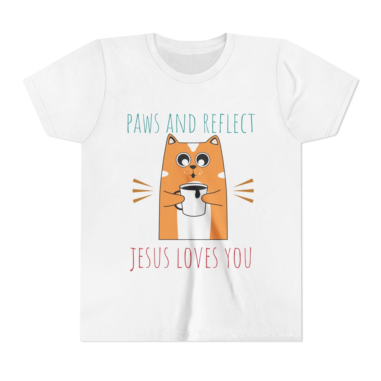 Youth Short Sleeve Tee - Paws and Reflect Jesus Loves You Cat Design