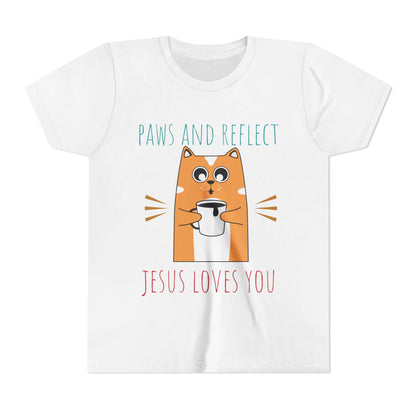 Youth Short Sleeve Tee - Paws and Reflect Jesus Loves You Cat Design