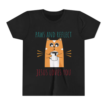 Youth Short Sleeve Tee - Paws and Reflect Jesus Loves You Cat Design